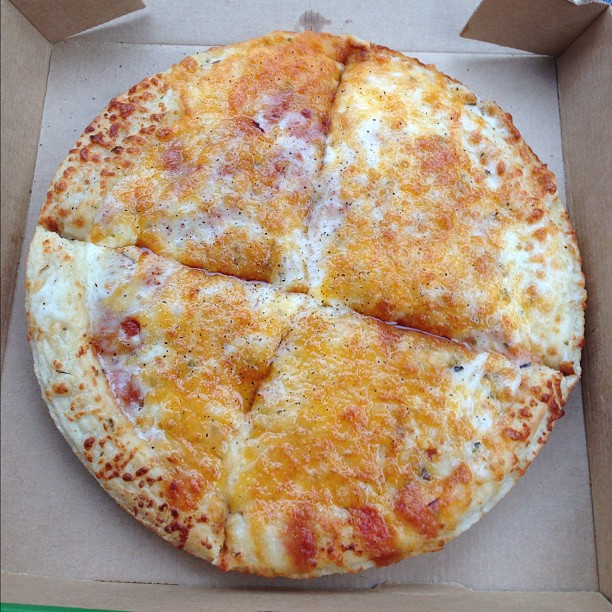 an opened pizza box with a cheesy topping