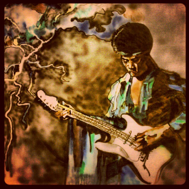 a drawing of a man playing the bass guitar