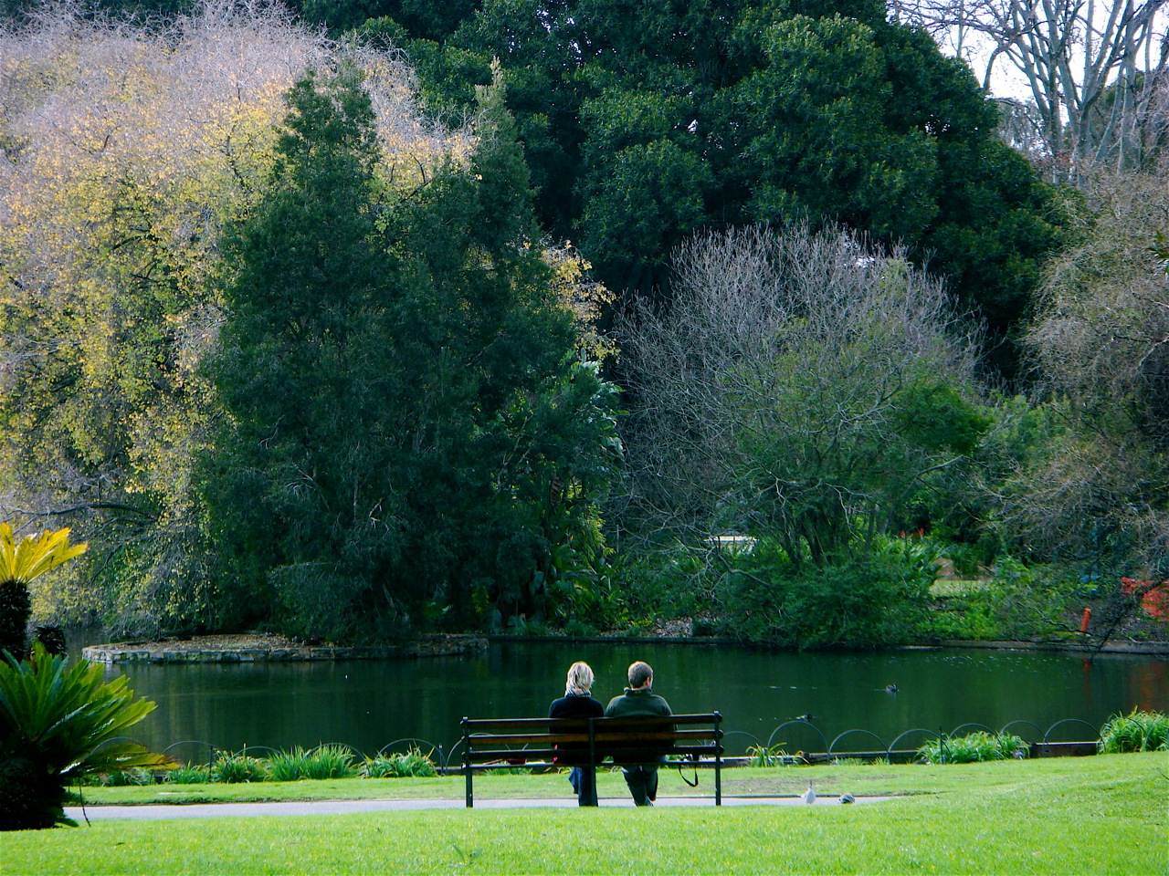 two people sitting on a park bench looking over the water