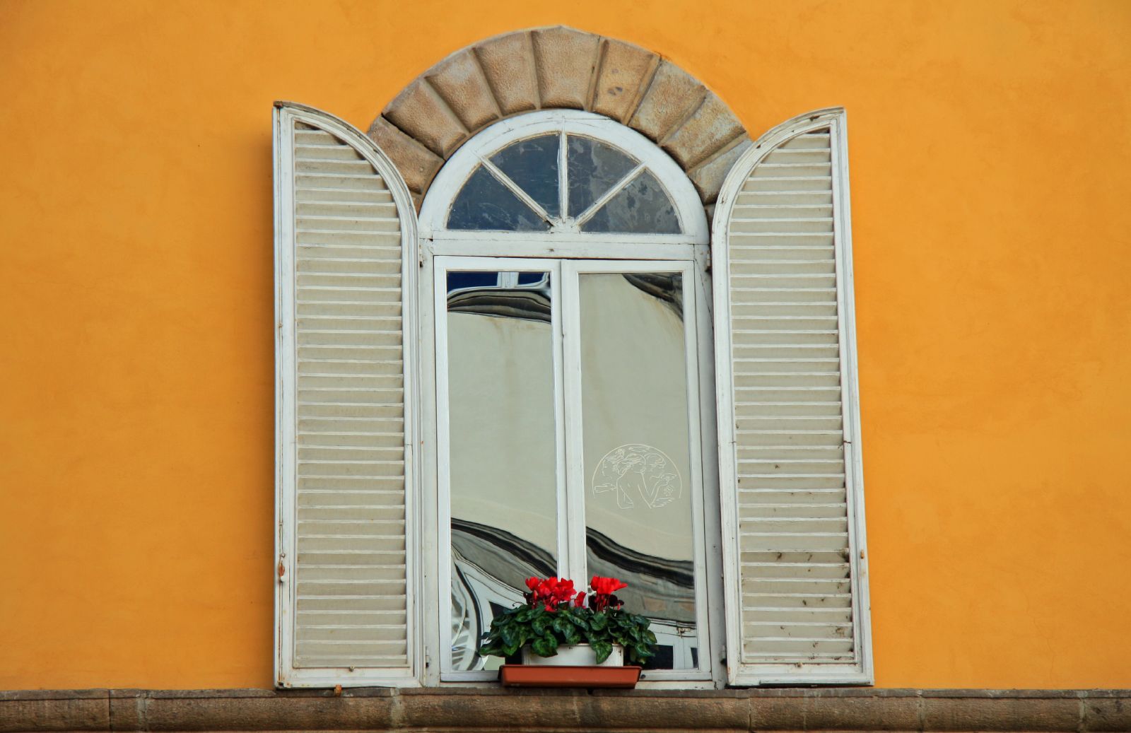 a window with closed shutters and white trim, is surrounded by pots of red flowers