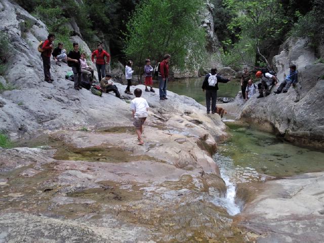 a group of people standing on a rocky slope by a stream