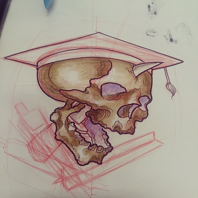 a drawing of a skull in a mortar cap