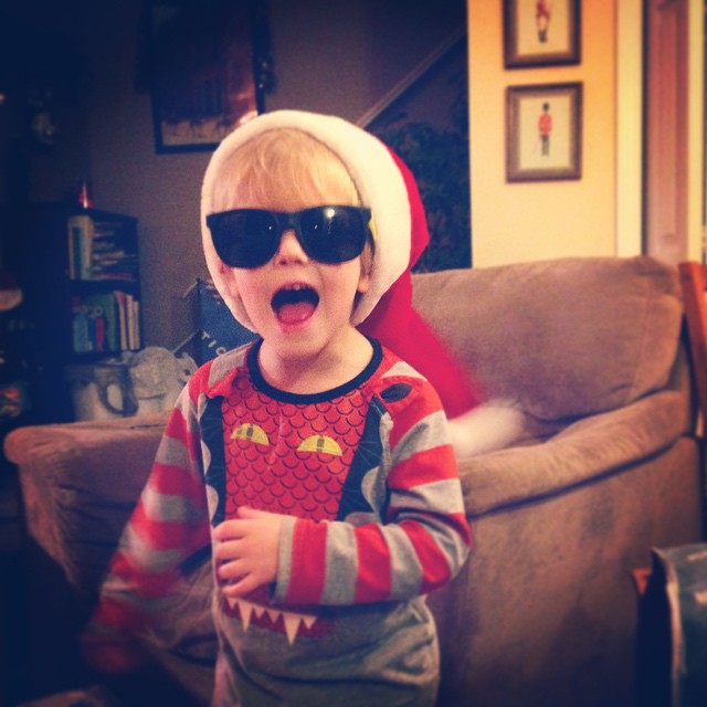 a toddler boy in sunglasses wearing a santa hat and eye glasses