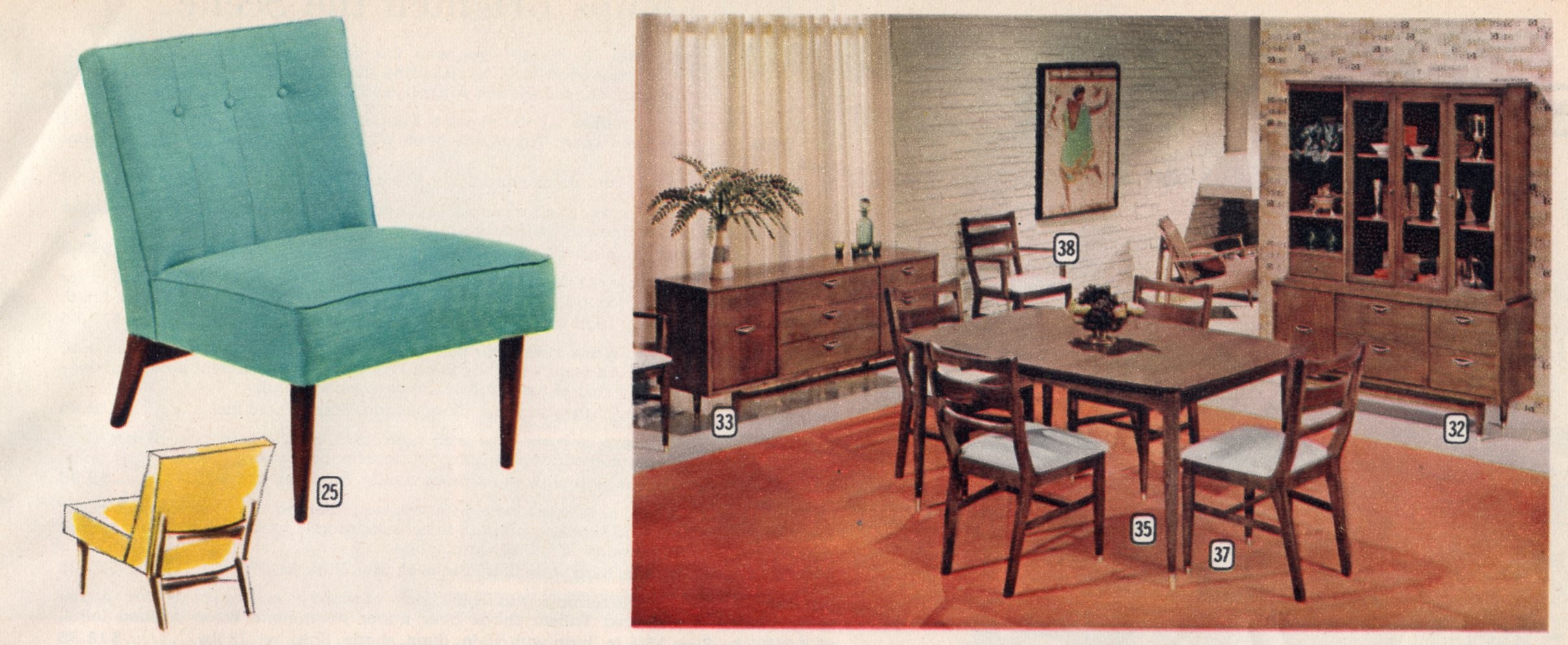 a vintage dining room with blue chairs and yellow furniture