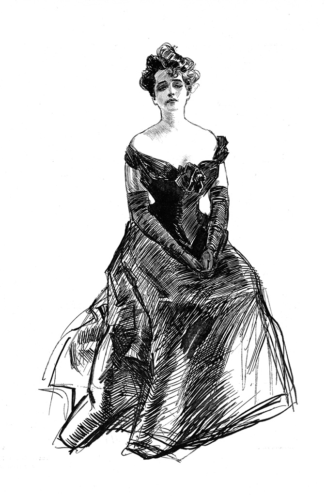 an old fashion illustration of a woman wearing a dress with large shoulders