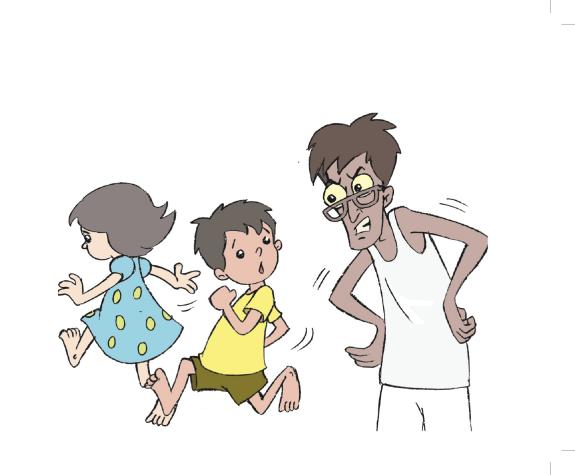 an older man running away from two young children
