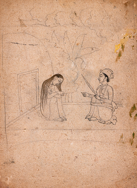 a drawing of a man looking at a woman holding a wand