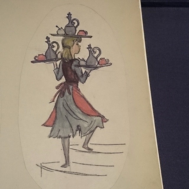 a cartoon of a lady carrying two trays