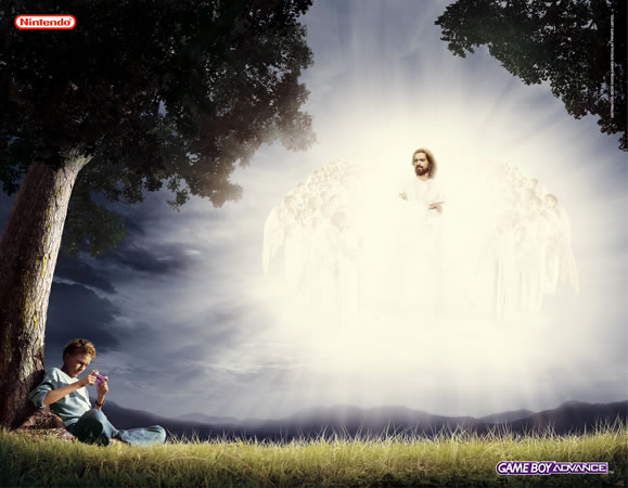 young child on cell phone by light from above with white angel wings and a tree and man in background