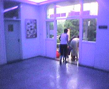 a large open door with some people walking around