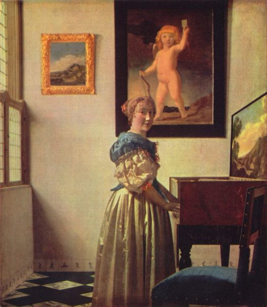a painting on the wall of a house with a lady in a dress