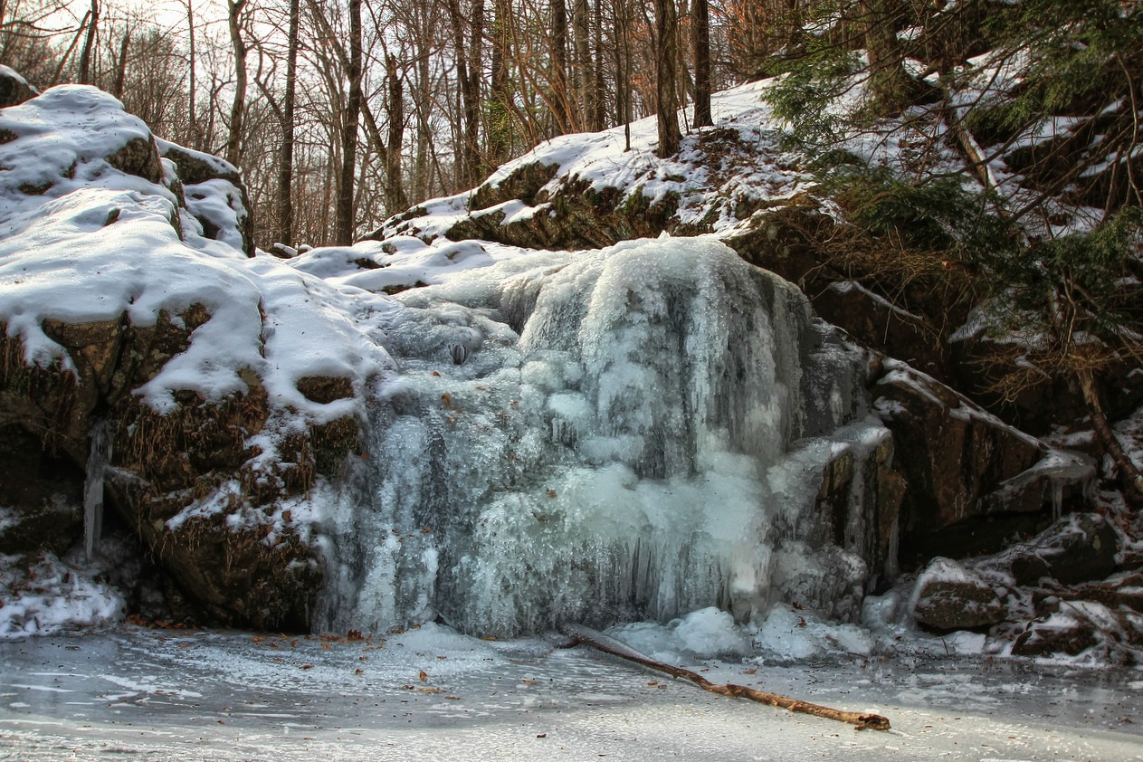 a frozen waterfall has ice on the ground and some trees