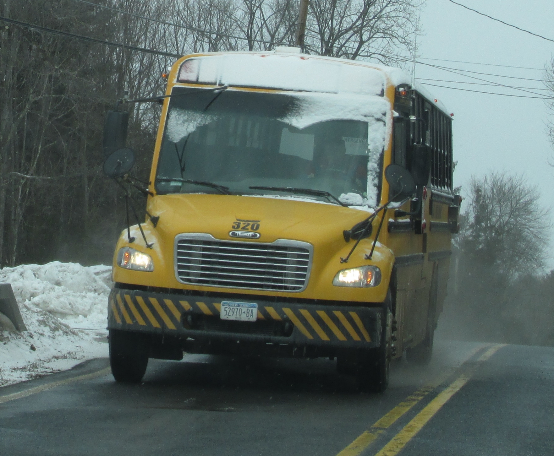 a yellow and black bus on street next to trees