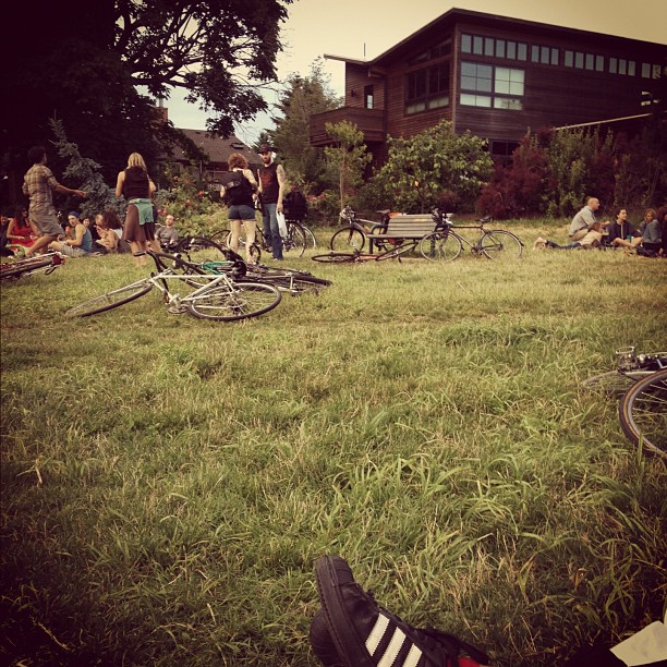 people gathered in the grass and one man is standing on top of his bicycle