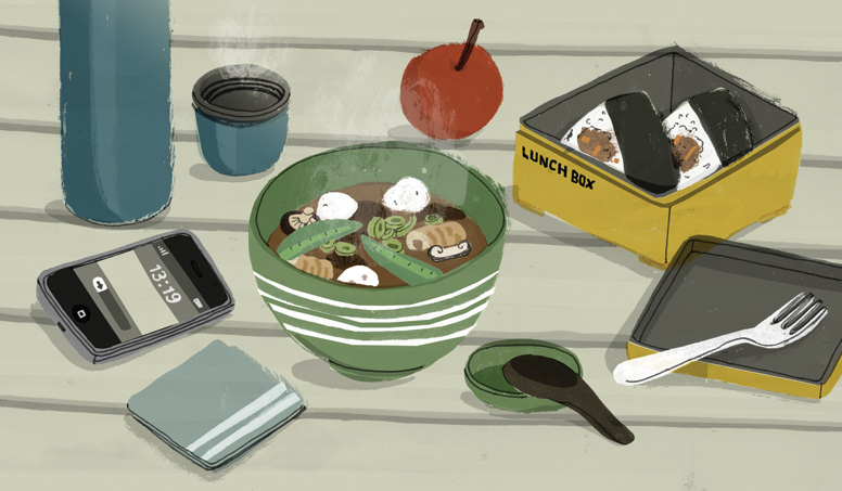 food sitting on a table in front of a tape recorder