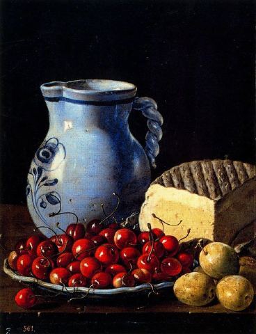 a painting of cherries and bread in front of a jug