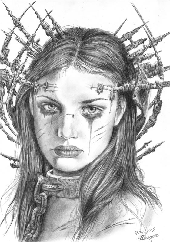 a drawing of a woman with lots of chains on her head