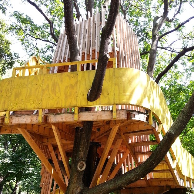 the tree house is built in the middle of a wooded area