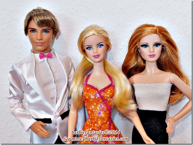 three barbie dolls standing next to each other with blonde hair