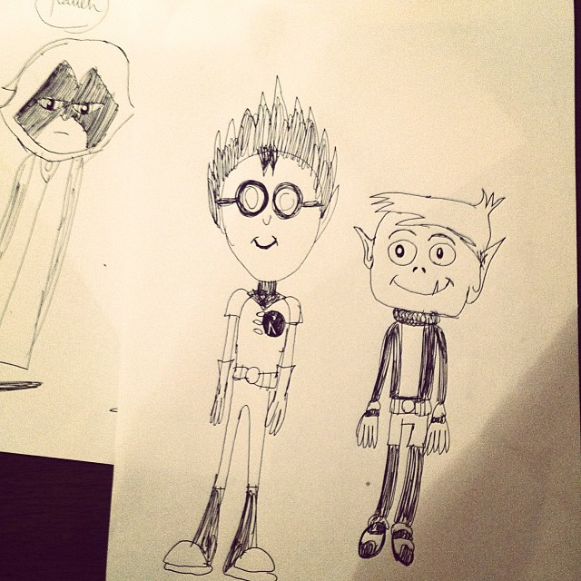 two hand drawn children's drawings of themselves one man wearing glasses