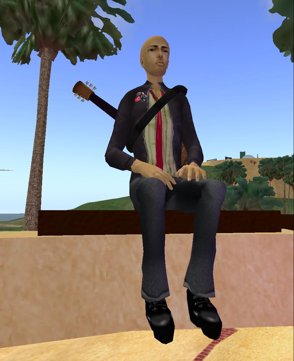 a stylized man plays a guitar outside in a virtual environment