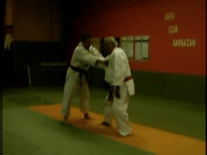 two men in white outfits, two holding black belt and one kicking back on a green mat