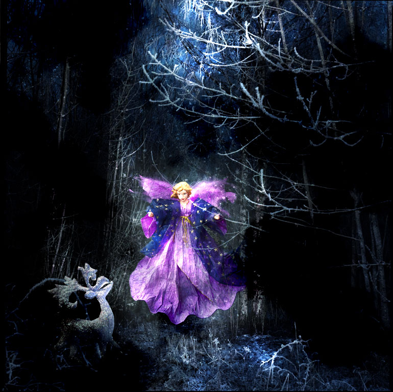 an angel in purple is surrounded by spooky tree nches