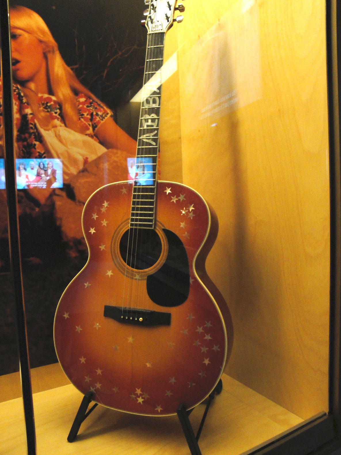 an acoustic guitar inside a glass case on display