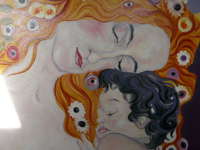 a painting of two women sleeping in front of sun