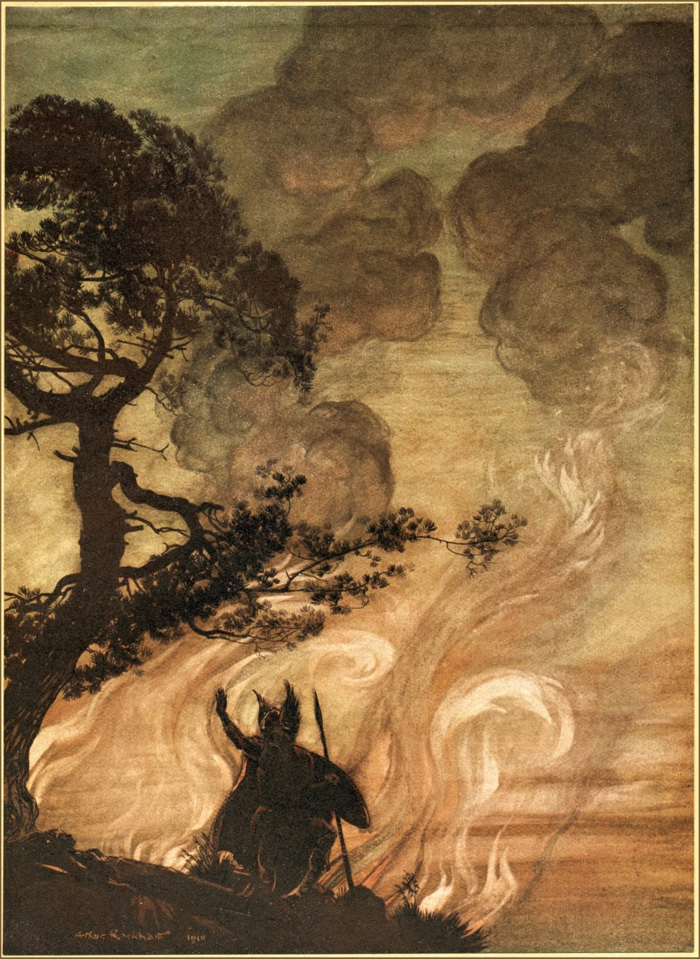 painting with brown ink of a man on horseback near a tree