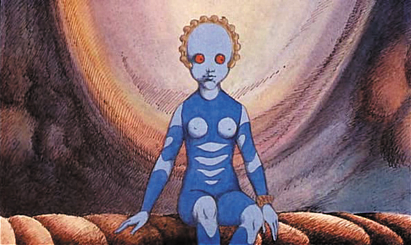 the drawing shows the blue alien sitting on a rock