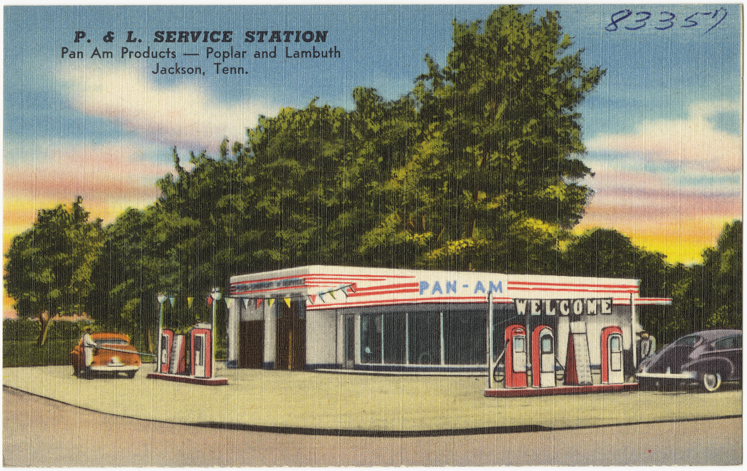 an old postcard featuring gas pumps and cars