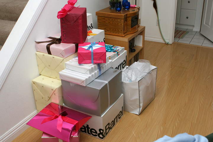 stacks of gift boxes stacked on the floor
