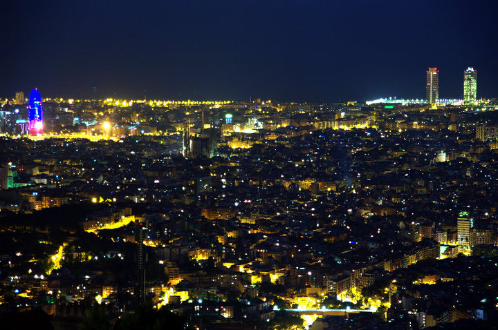 an aerial view of the city at night