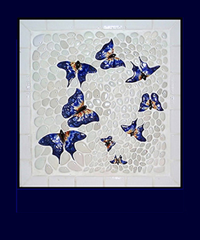 blue erflies are sitting on a tiled wall