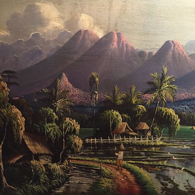 an artwork depicting a river in front of mountains