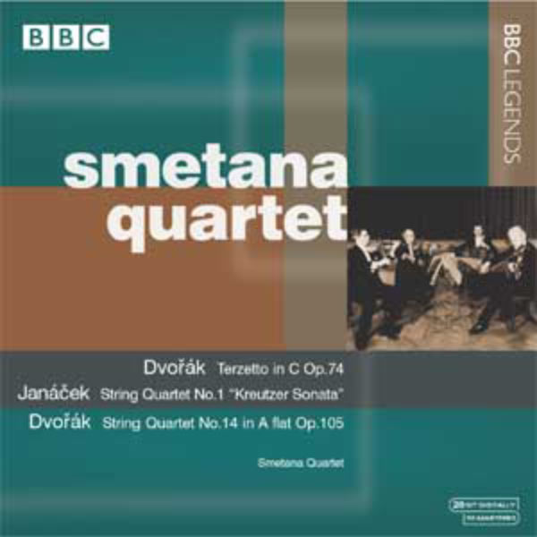 the cover of smetana quartet, showing two men sitting and standing with their arms folded out