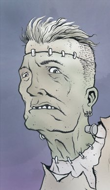 an old cartoon man with spikes on his hair wearing earplugs