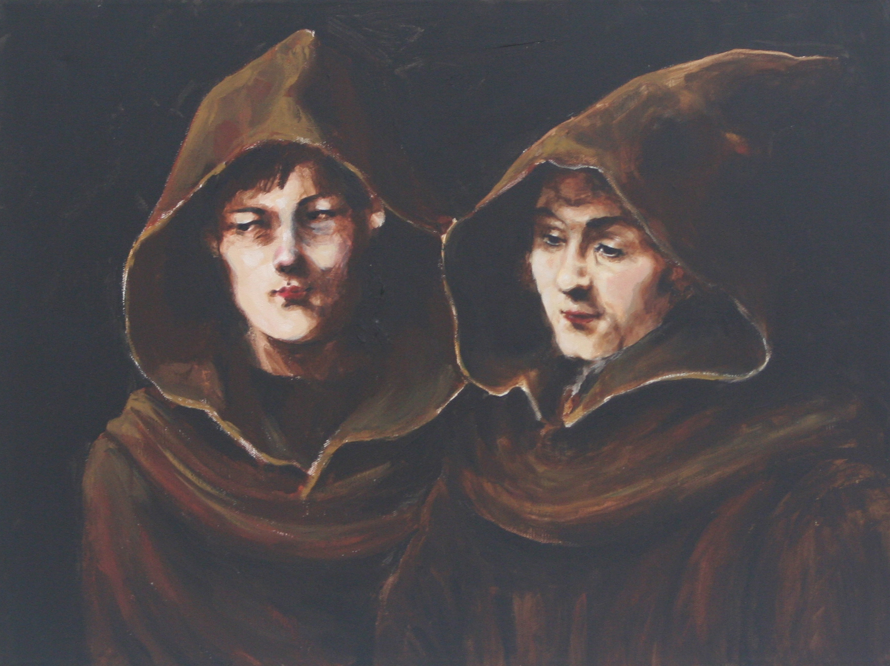 a painting depicting two young women with hooded clothes