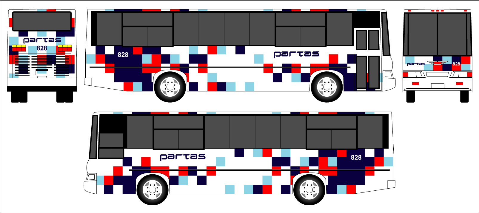 the image is an illustration and it depicts a bus with different colored squares