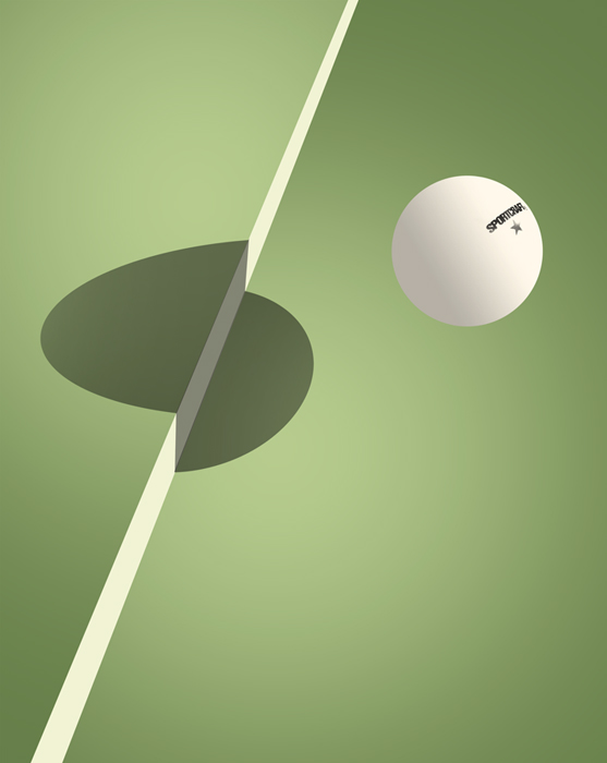 two objects on a green surface, one ball in the middle of the image