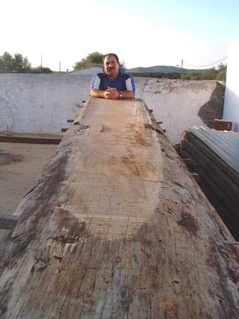 a man standing on top of a very long wooden object