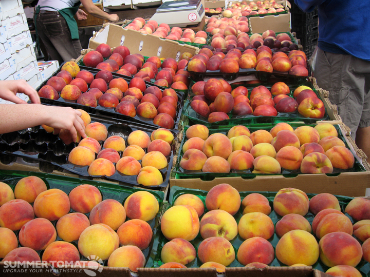 several boxes full of different types of fruits