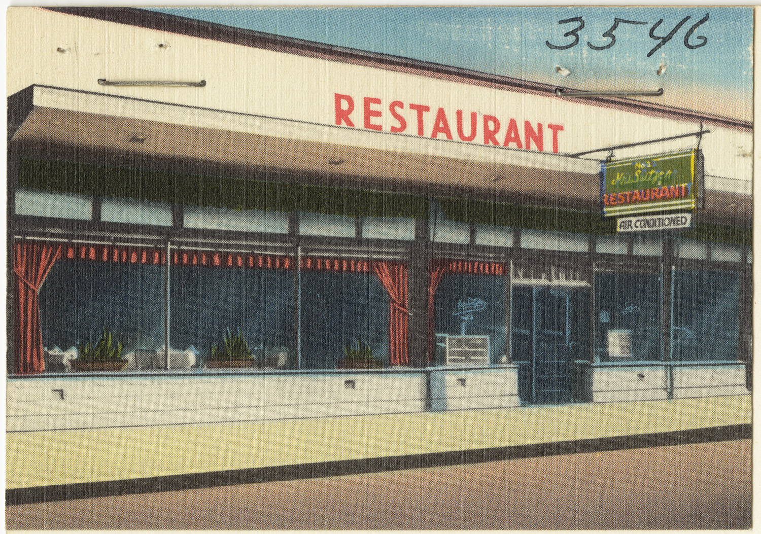 a postcard features the outside of a restaurant