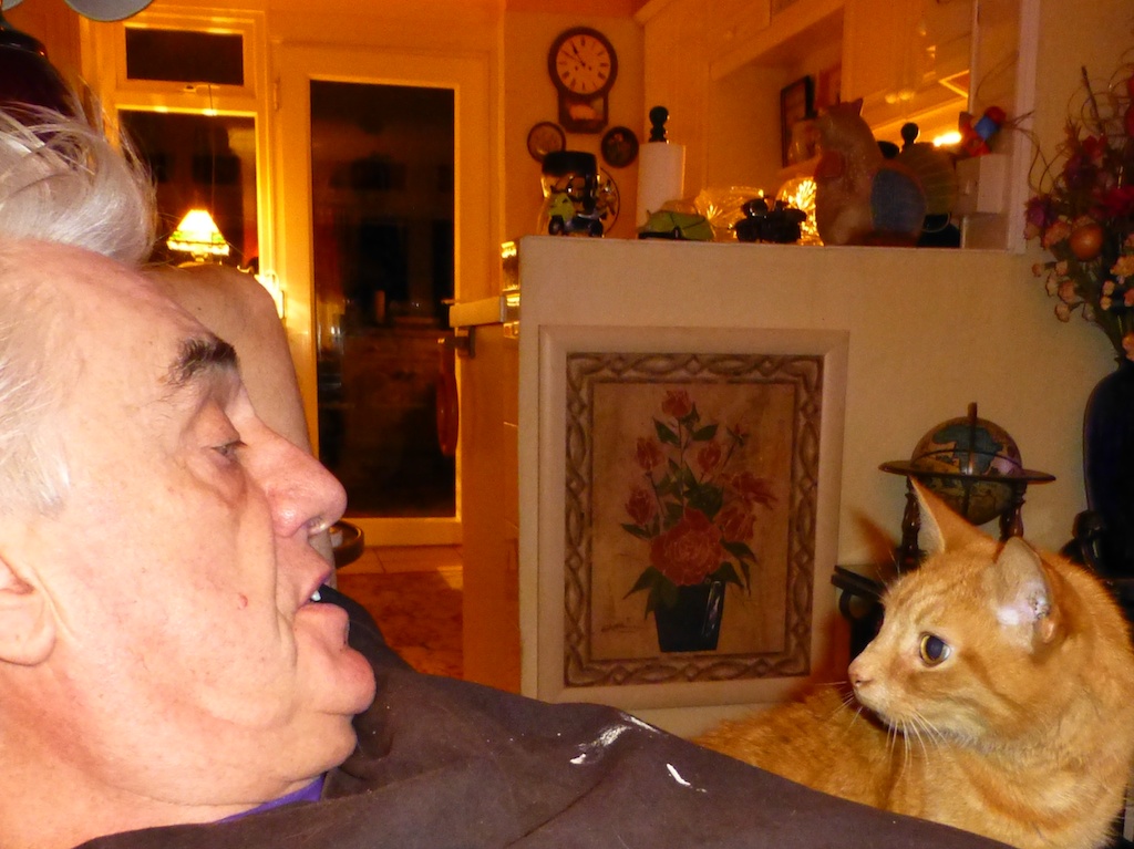 an older man is talking to his cat in front of the fireplace