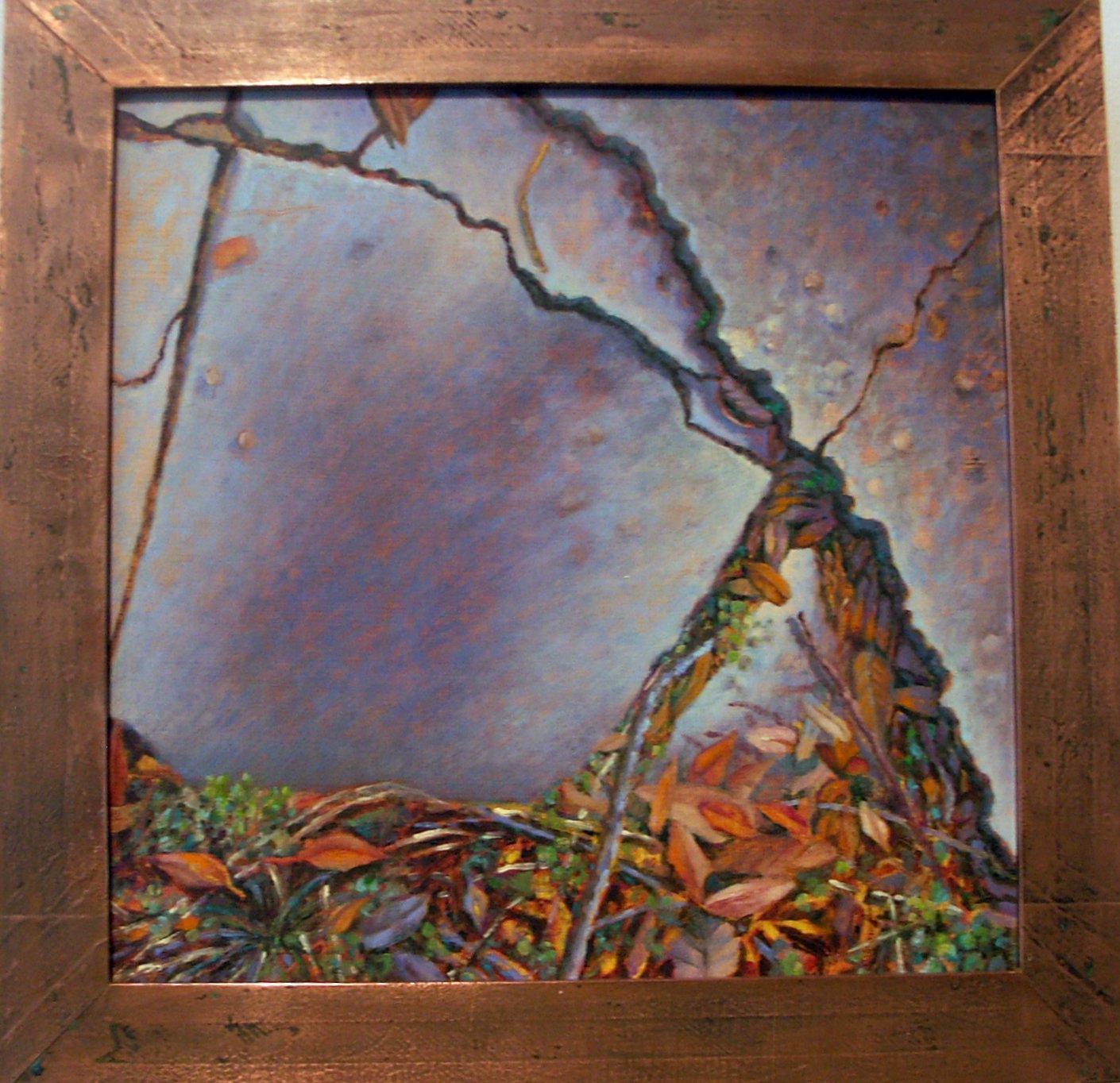 painting of a tree trunk in front of a sky