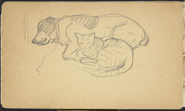 an old drawing of a cat and a dog lying on the ground