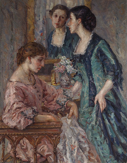 a painting of two women wearing pink, blue and green