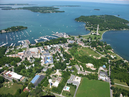 aerial view of harbor and city area and boats in water
