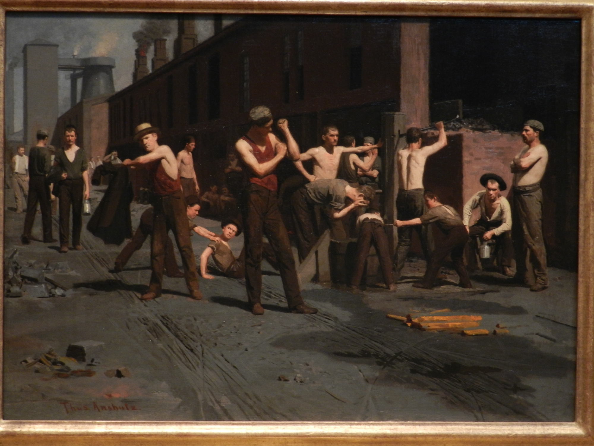painting of a group of men playing tug of war